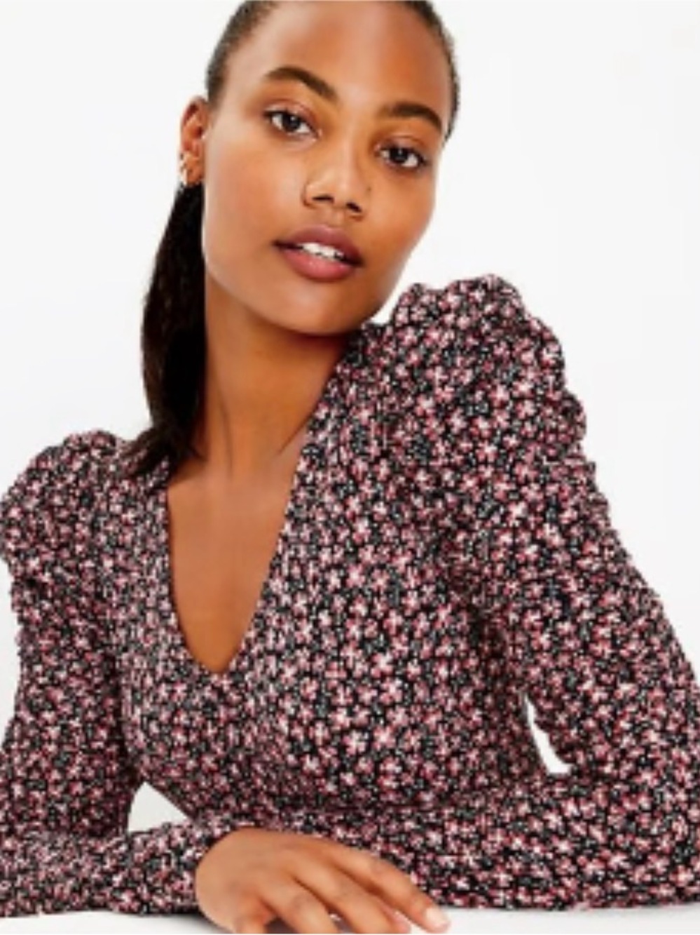 LOFT Black Floral Ruffle Sleeve Blouse with Pink Flowers